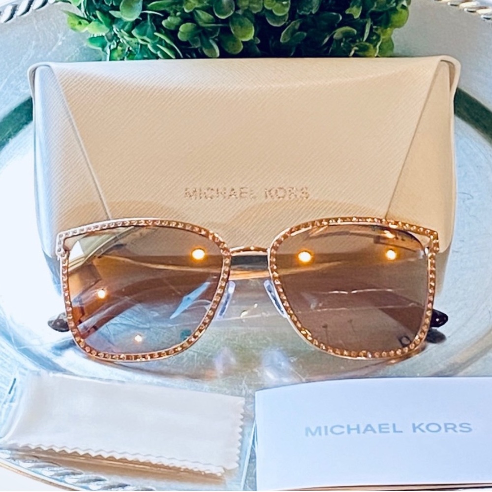 Michael Kors Rose Gold Crystal Studded Mirrored Sunglasses NWT With Case
